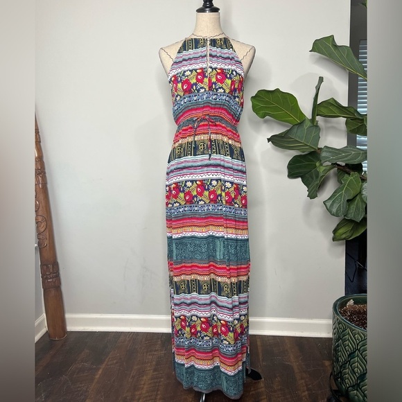 MINKPINK multicolor floral size small halter neck dress drawstring waist viscose - Picture 1 of 11